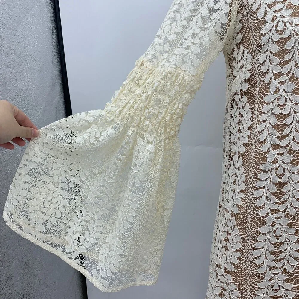 Michael Kors Dress Women Extra Small Ivory Sheer Lace Overlay Bell Sleeves Lined